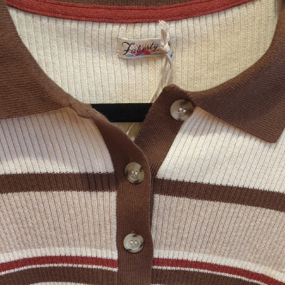 Faherty Cotton Cashmere Henley Polo Sweater Cream Brown Stripes Large NWT Preppy - Picture 5 of 9